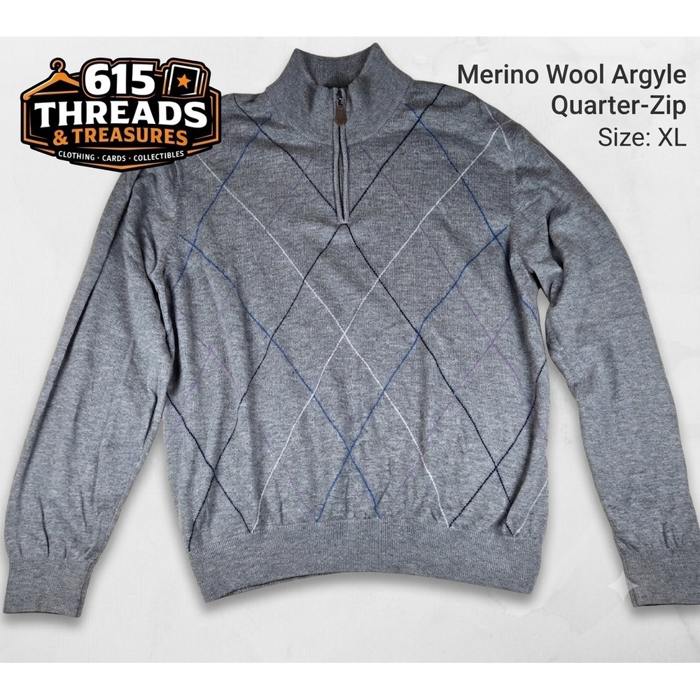 Oxford Golf Mens Merino Wool Argyle Quarter Zip Sweater XL Grey Diamond Pullover